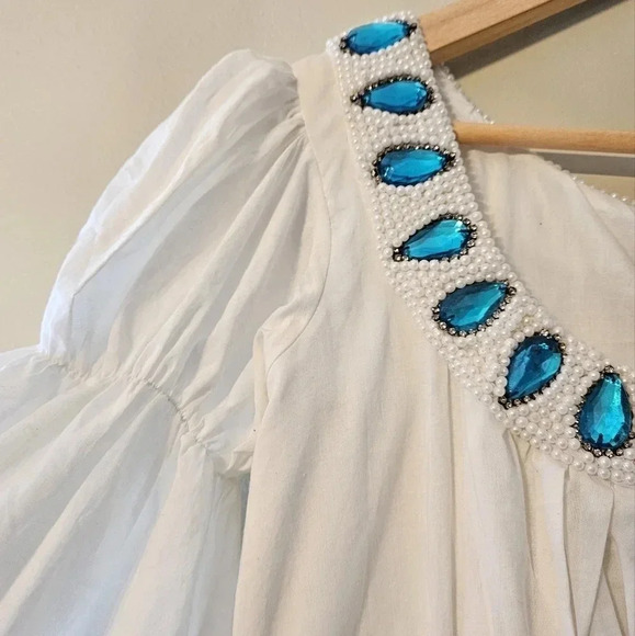 TAJ By Sabrina Crippa Handmade Beaded Bohemian Bell Sleeve Cotton Tunic Blouse S - Picture 5 of 14